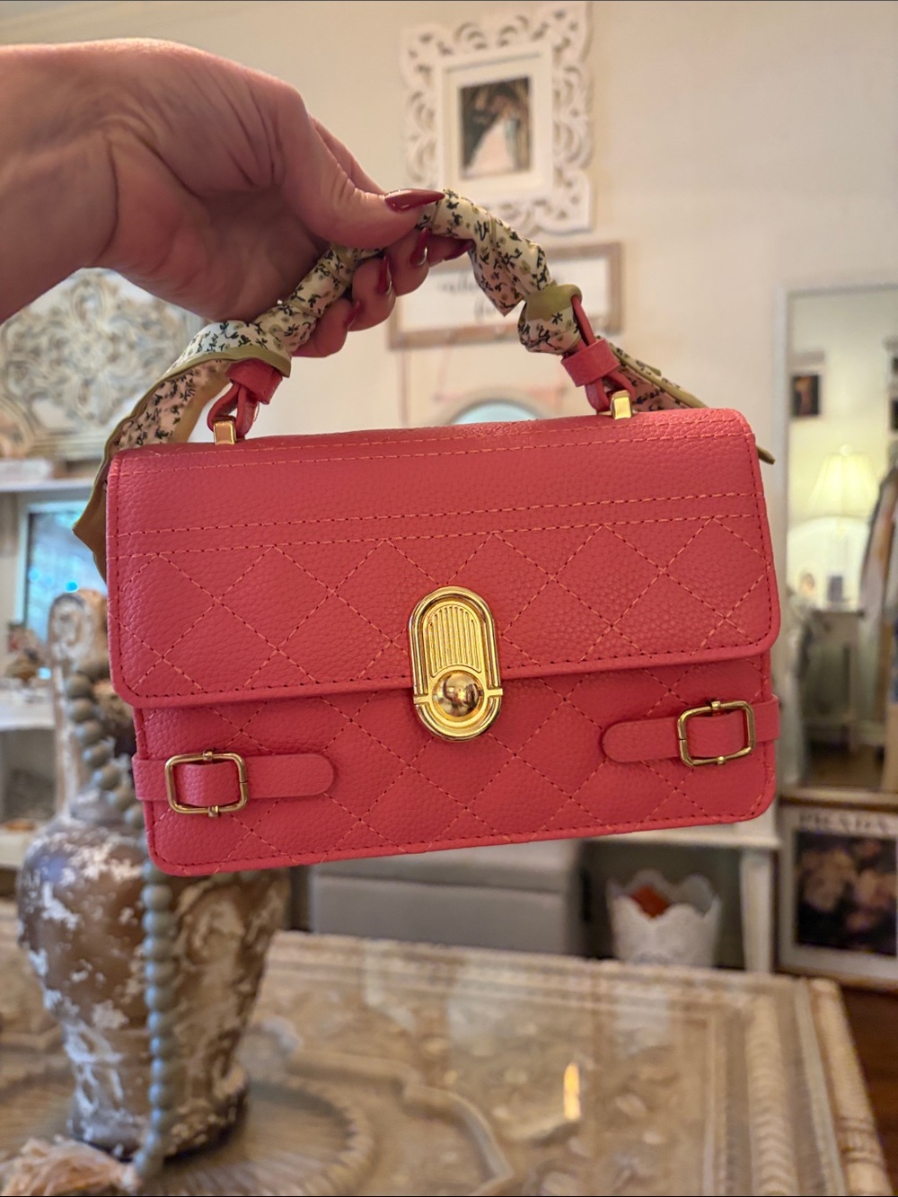 Quilted Pink Mini Top-Handle Bag with Gold Turn-Lock